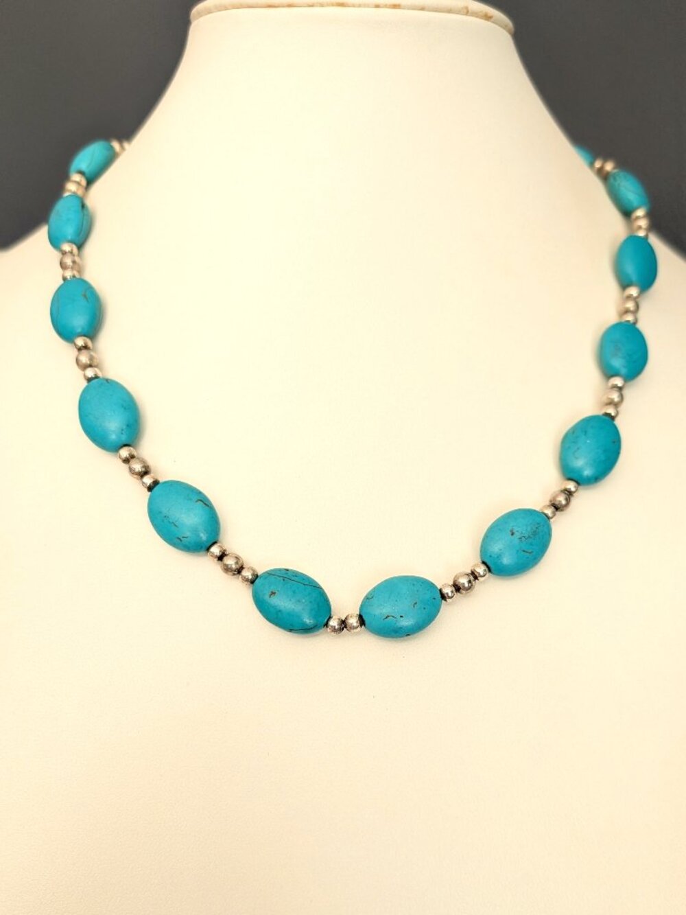 Faux turquoise stone and silver bead necklace